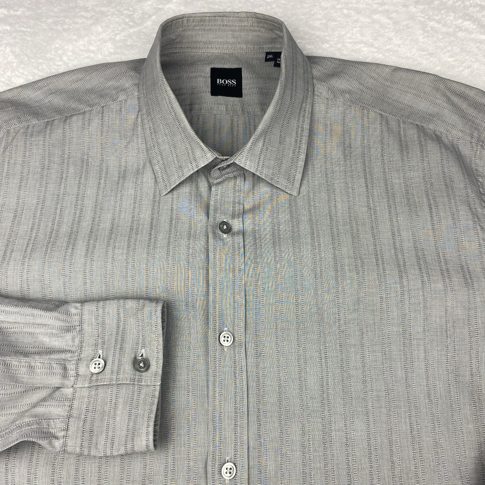 BOSS Hugo Boss Shirt Mens XXL Gray Solid Stripes Regular Fit Long Sleeves
